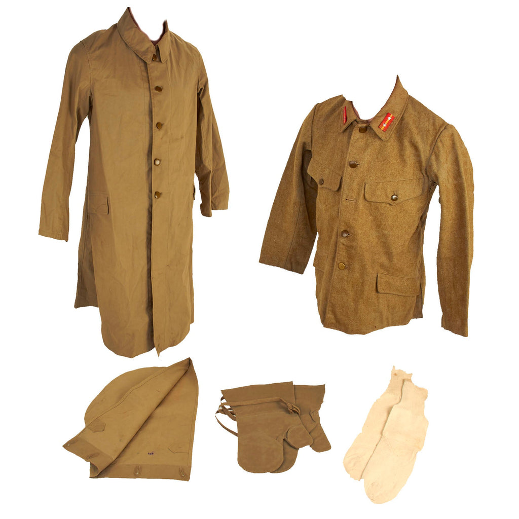 Original Japan WWII Imperial Japanese Army Sergeant’s Wool Tunic & Rain Coat With Gloves, Hood and Issued Socks Original Items