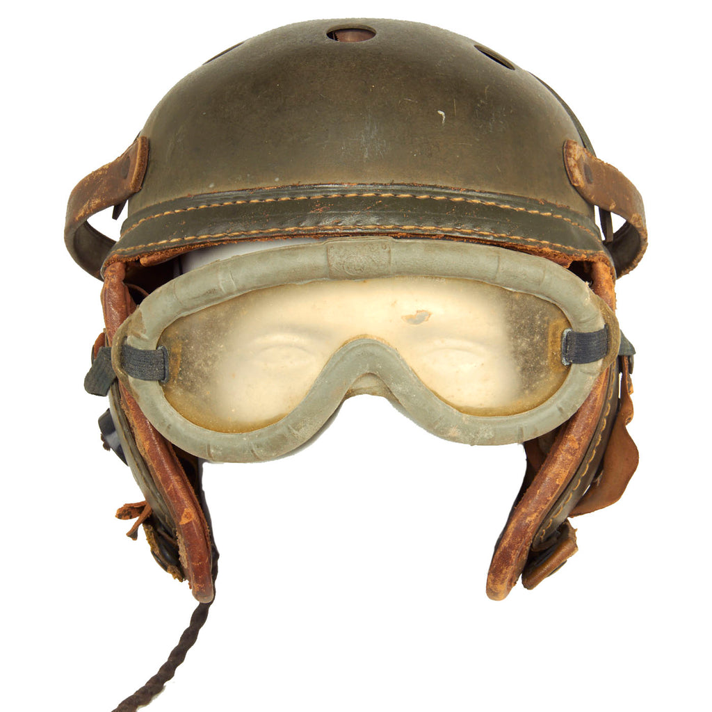Original U.S. WWII M38 Tanker Helmet by Sears with Earphones and Polaroid Model 1016 Goggles Box Set Original Items