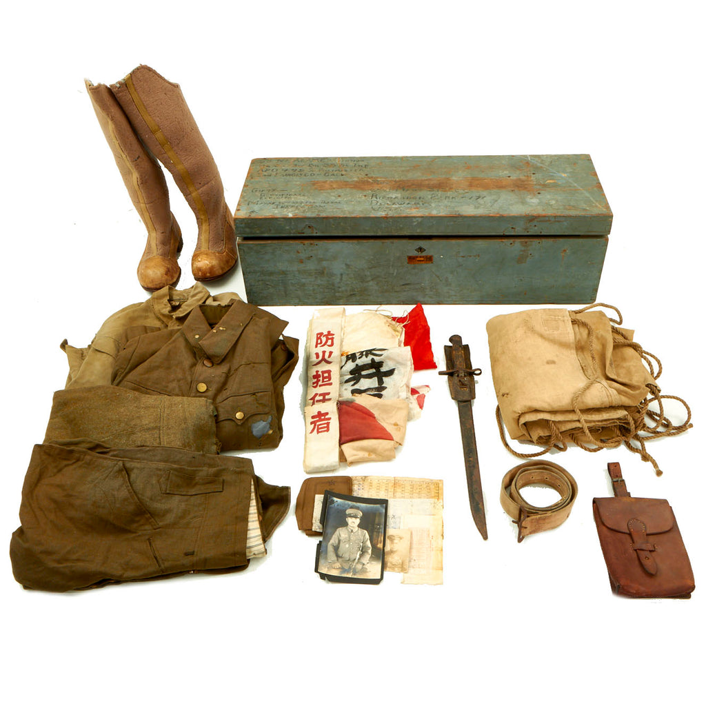 Original Japanese WWII Collection in Named USGI Wood Bring Home Crate - Uniforms, Boots, Flags, & More Original Items