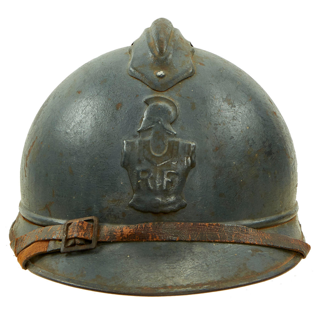 Original French WWI Early Issue Model 1915 Adrian Helmet in Horizon Blue with RF Engineer Badge - Complete Original Items