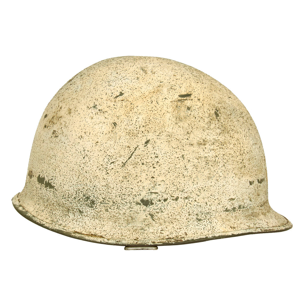 Original U.S. WWII Snow Camouflage M1 Schlueter Rear Seam Helmet with 2nd Lieutenant Marked Westinghouse Liner Original Items