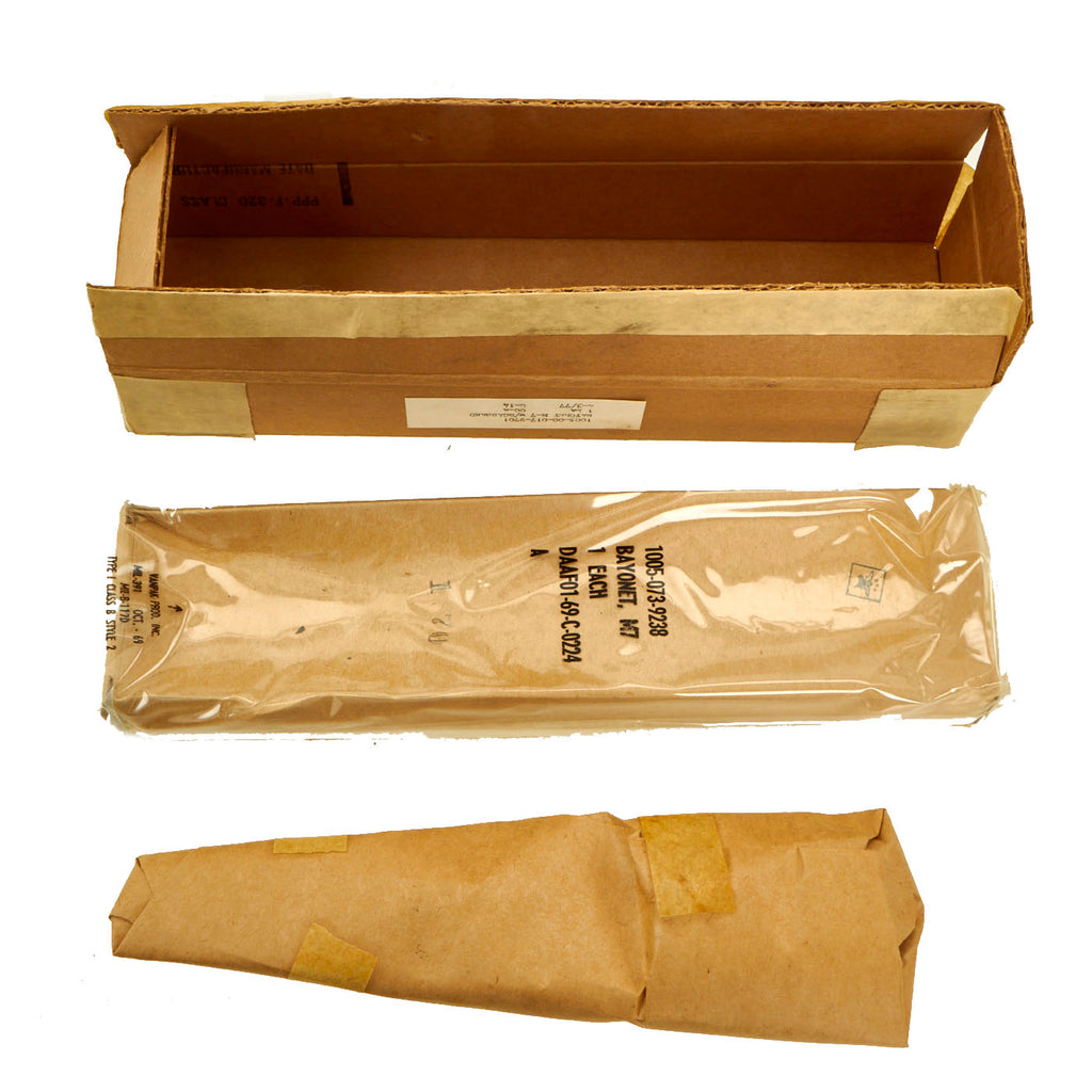 Original U.S. Vietnam M-7 Bayonet and Scabbard Still Packed in Government Issue Box - Mint Unissued Condition Original Items