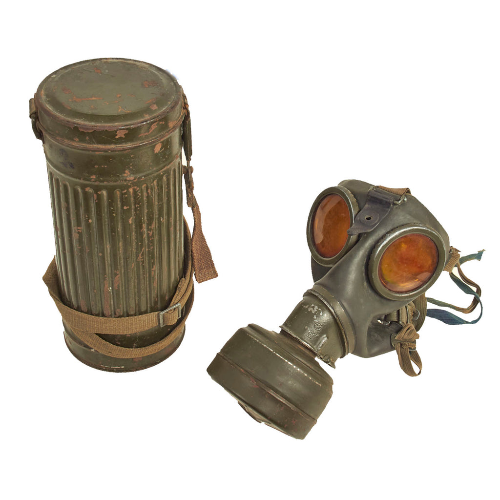 Original German WWII M38 Gas Mask in Size 3 with Filter, Canister, & Accessories - dated 1942 Original Items