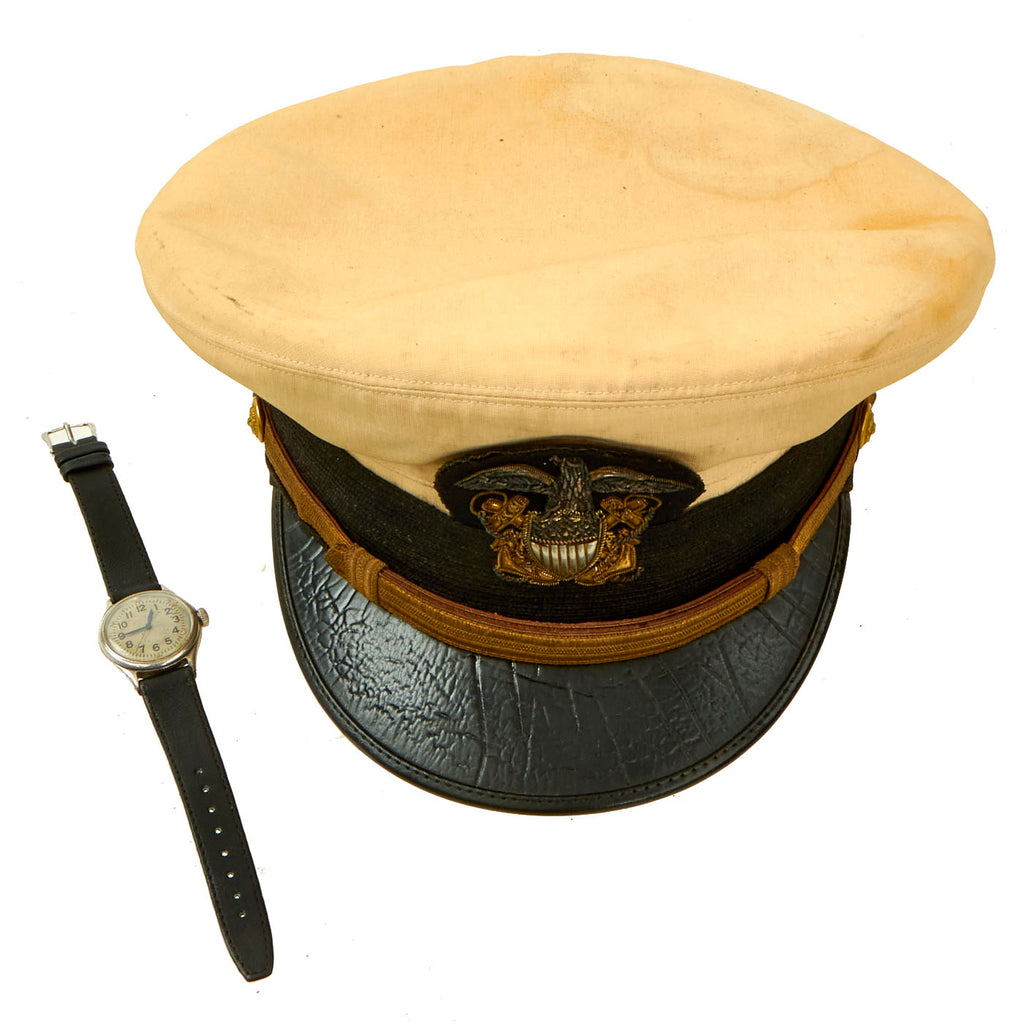 Original U.S. WWII United States Navy Junior Officers Honolulu Made White Peaked Visor and Honolulu Engraved 1943 Dated Watch - 2 Items Original Items