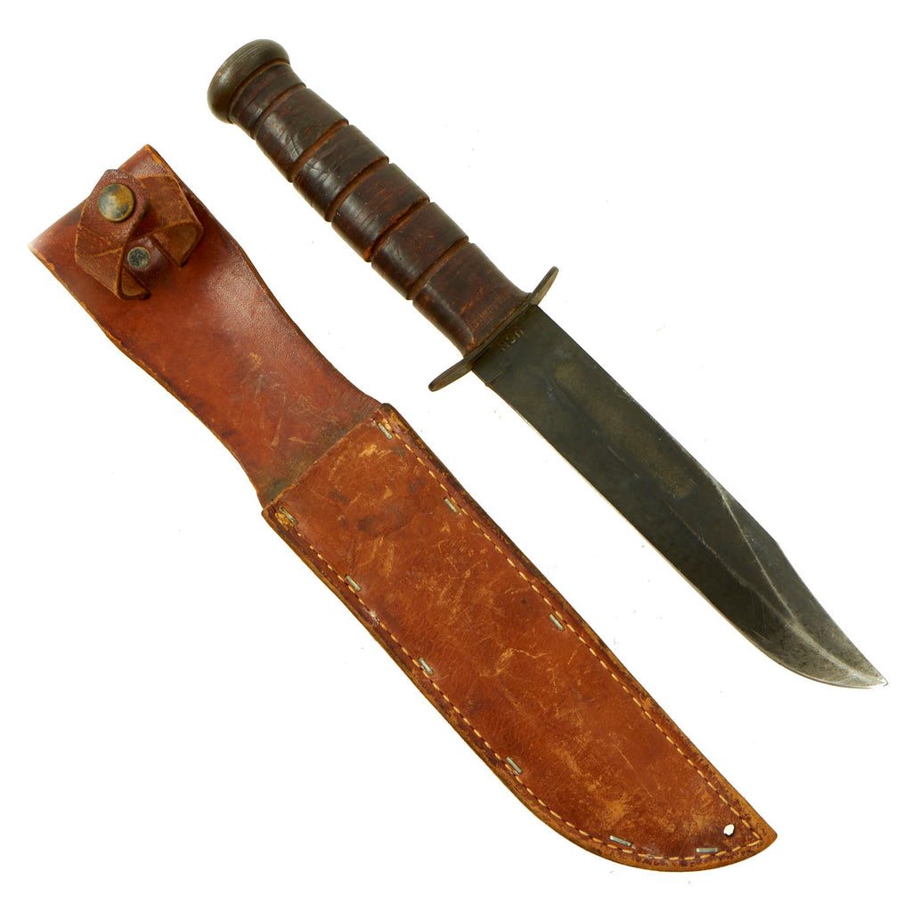 Original U.S. WWII USN Mark 2 KA-BAR Blade Marked Fighting Knife with Leather Scabbard Original Items