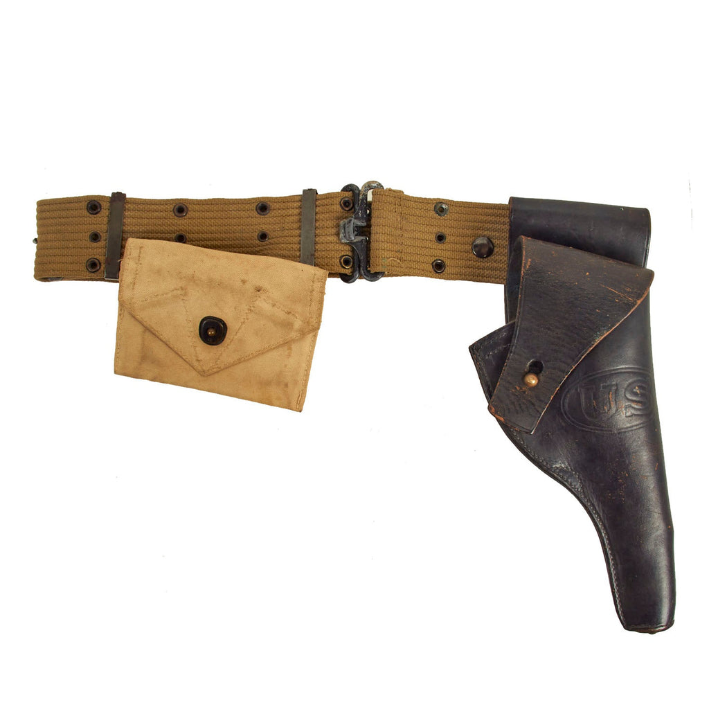 Original U.S. WWII US Navy Shore Patrol M1917 Revolver Rig: Black Holster, M1936 Pistol Belt with Rare Navy Depot Made First Aid Pouch Original Items