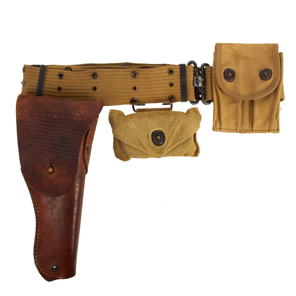 Original U.S. WWII Officer M1936 Pistol Belt, M1911 Holster by Rare Maker, WWI Magazine Pouch & First Aid Pouch WITH Box & Bandage Original Items