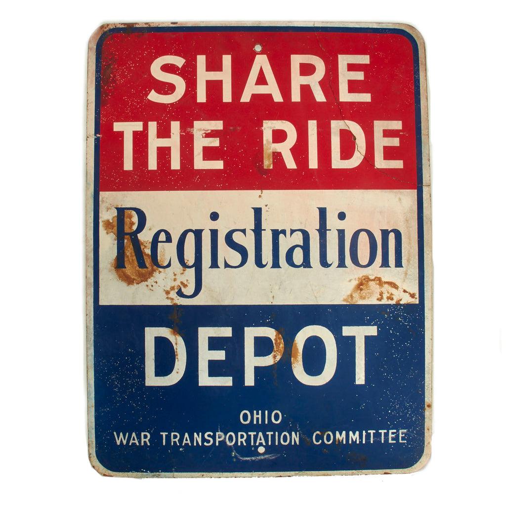 Original U.S. WWII Ohio War Transportation Committee Rideshare Hand Painted Masonite Road Sign - 24” x 18” Original Items