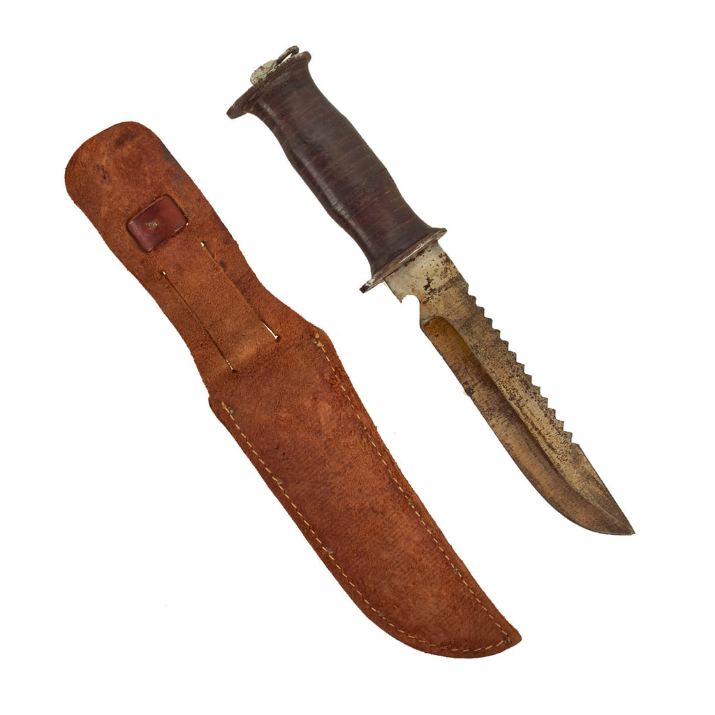 Original WWII Rare Serrated EG Waterman EGW Leather Grip Survival Knife with Leather Scabbard Original Items