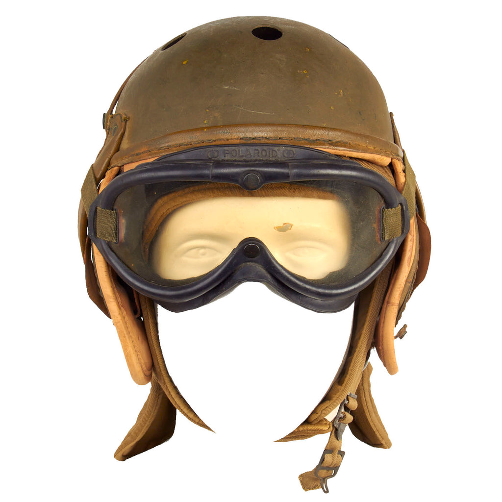 Original U.S. WWII M38 Tanker Helmet by Rawlings With Type R-14 Earphones, M1942 Winter Combat Helmet and M1944 Polaroid Goggles Original Items