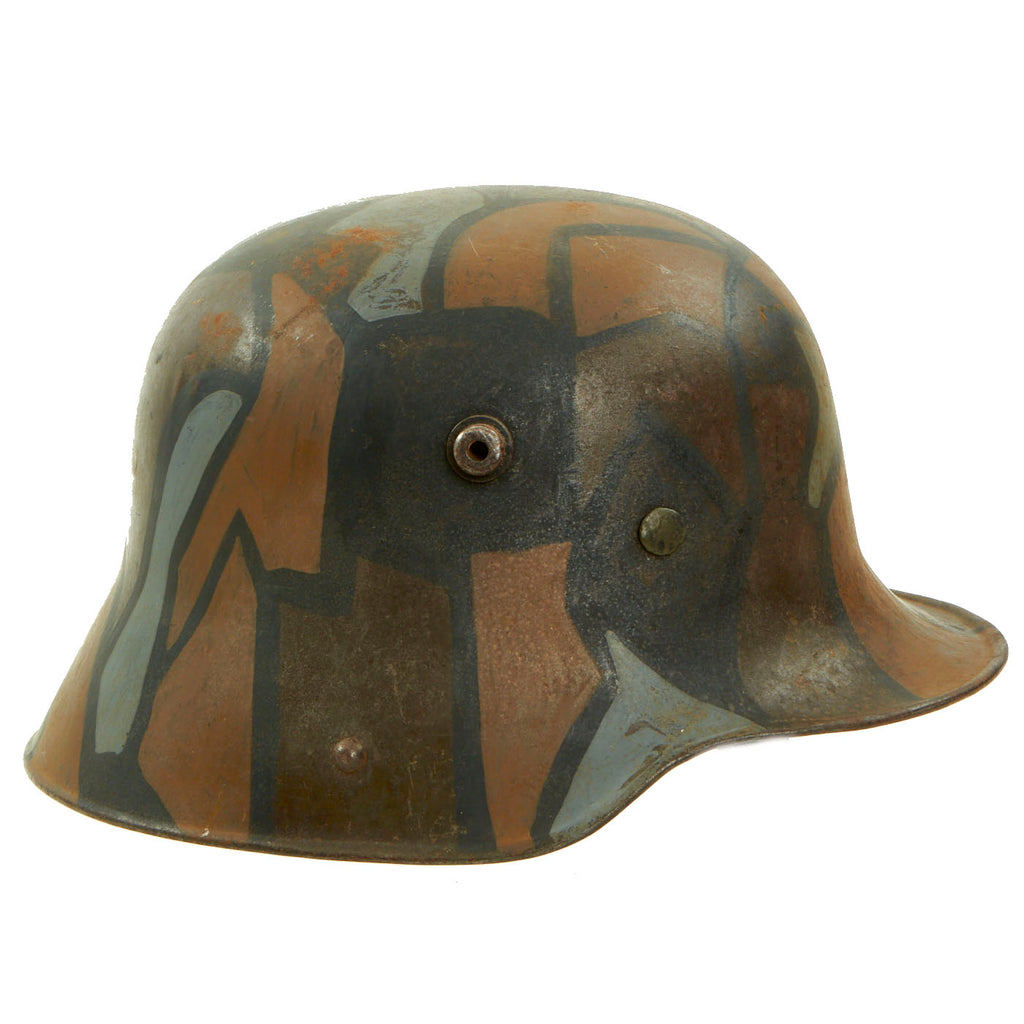 Original German WWI M16 Stahlhelm Helmet with Panel Camouflage Paint & Liner - Named - Marked ET64 Original Items