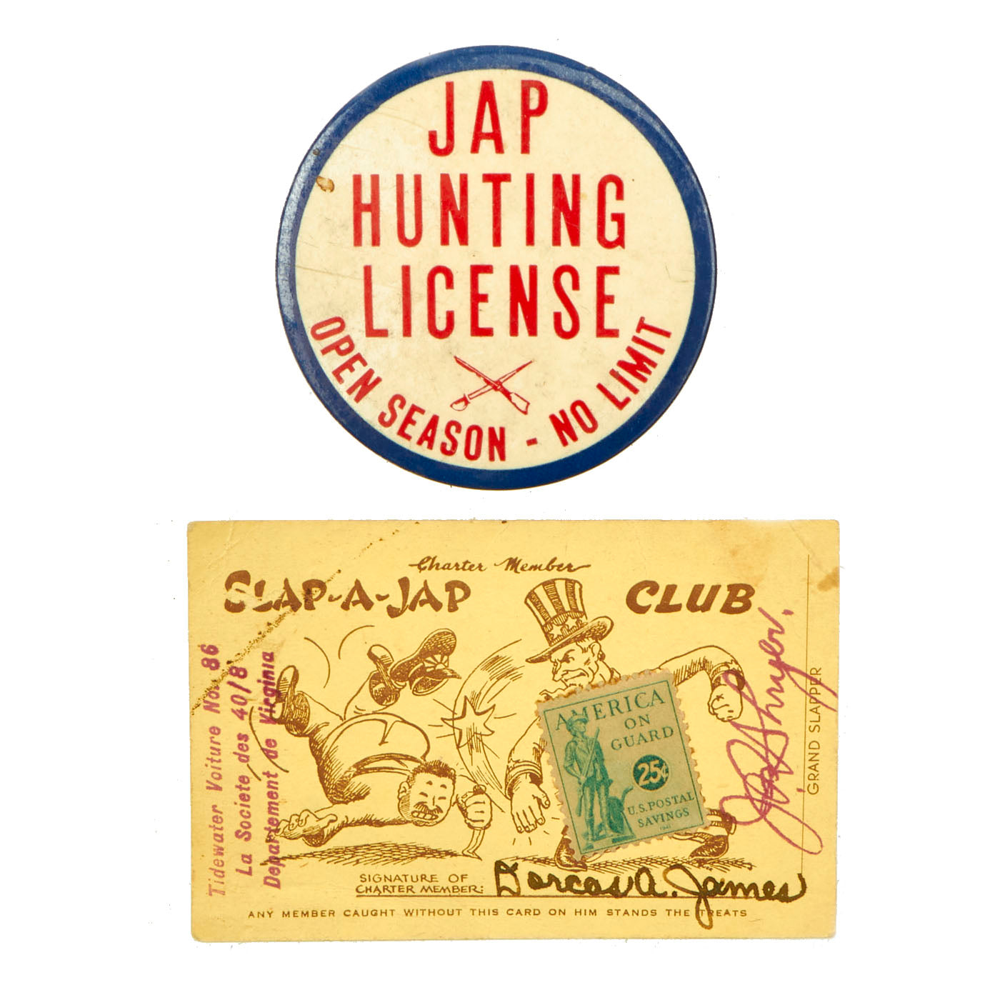 Original U.S. WWII Homefront Defense Stamp “Slap-A-Jap” Club Card