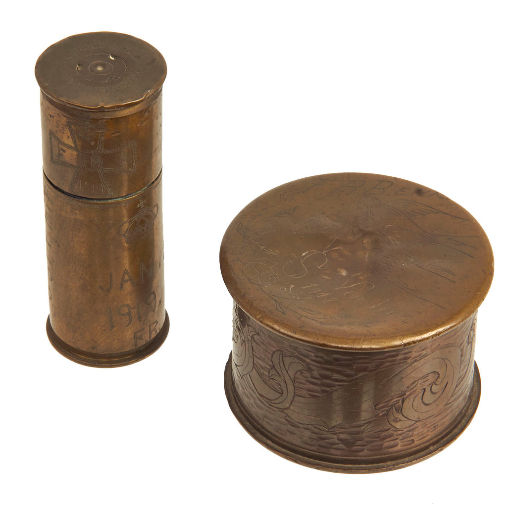 Original U.S. WWI Verdun Trench Art Tobacco Can and Table Lighter - 2 Items Original Items