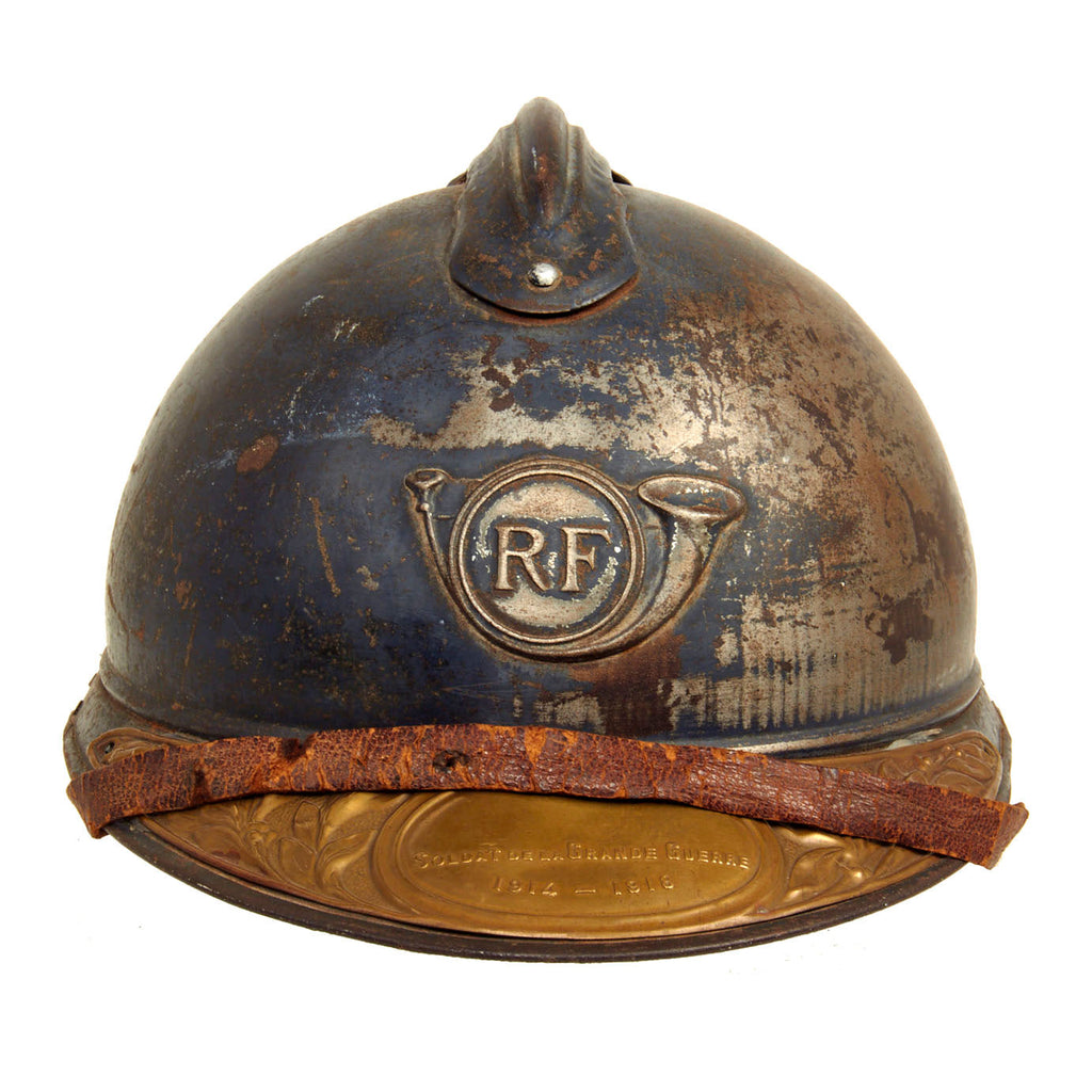 Original French WWI M1915 Horizon Blue Adrian Mountain Trooper Chasseurs Helmet With Soldat De La Grande Guerre Plaque - Complete Original Items