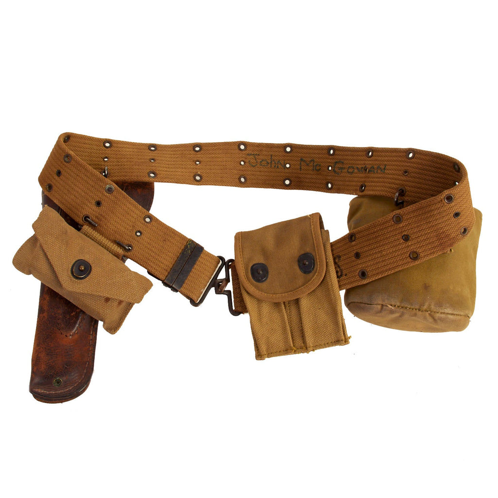 Original WWII U.S. Officer BRITISH MADE M1936 Pistol Belt, M1911 Holster, 1911 Magazine Pouch, First Aid Pouch with Carlisle Dressing & Canteen, Cup, and BRITISH MADE Cover Original Items