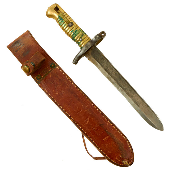 Original U.S. WWII French M1866 Chassepot Saber Bayonet Converted To Fighting Knife With Leather Scabbard - Named / Laundry Number Marked Original Items
