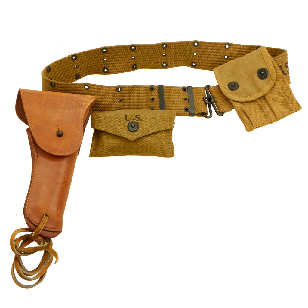 Original U.S. WWII Officer M1936 Pistol Belt, M1911 Holster, WWI Magazine Pouch & Carlisle First Aid Pouch WITH Bandage Original Items