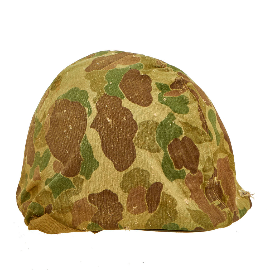 Original U.S. WWII 1944 M1 McCord Swivel Bale Helmet with First Pattern USMC HBT Camouflage Cover and Westinghouse Liner Original Items