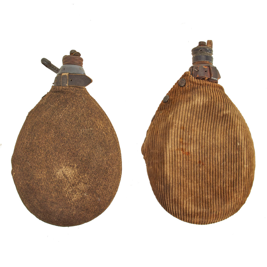 Original German WWI Infantry M1915 Canteen Feldflasche Lot - Corduroy and Paper Cloth Covers Original Items
