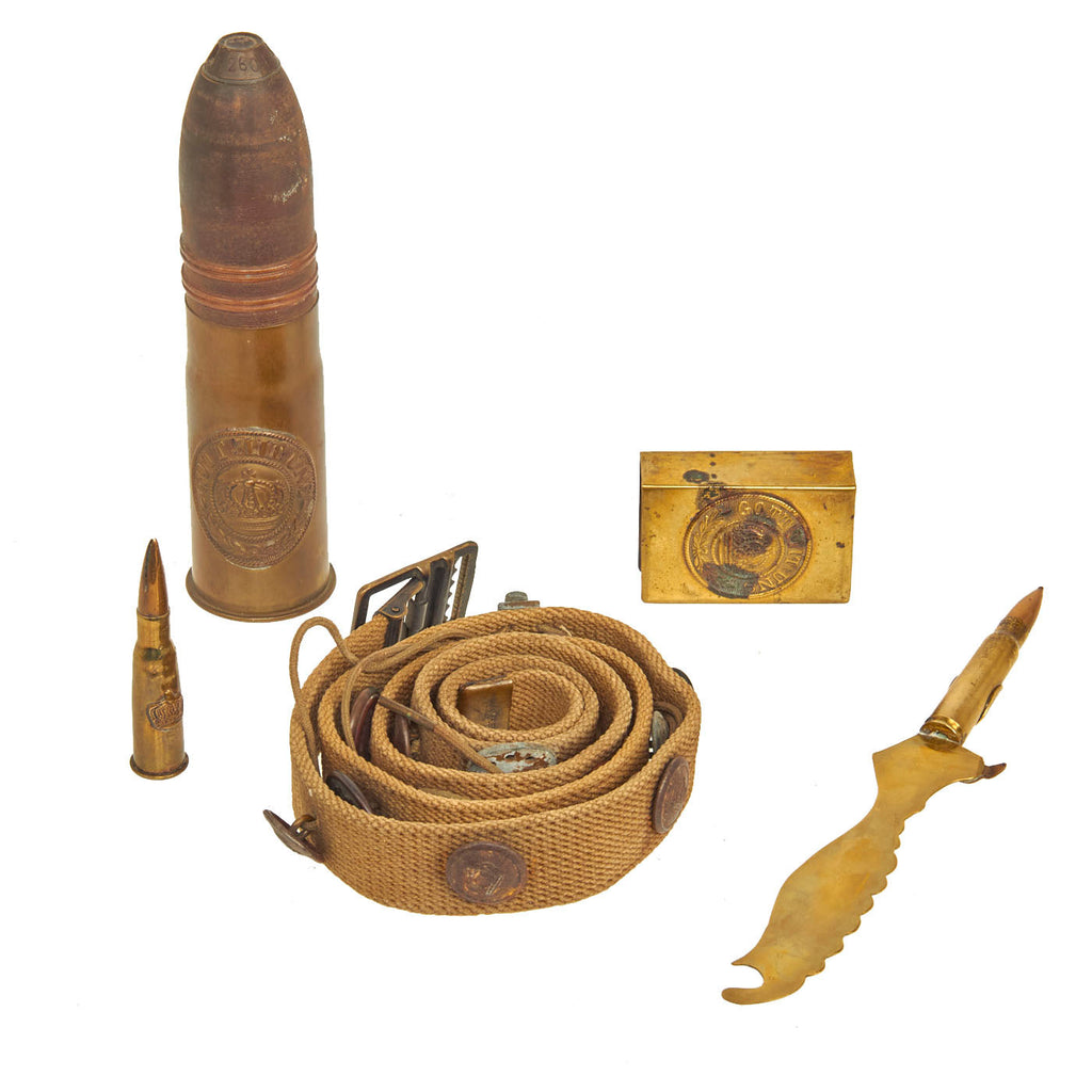 Original U.S. WWI Trench Art Lot Featuring Souvenir Web Belt With 16 Attachments - 5 Items Original Items