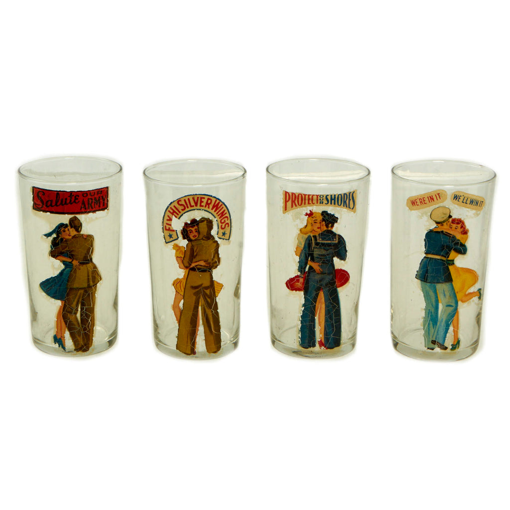 Original U.S. WWII Homefront “V • • • —” For Victory Marines, Army, Navy & Army Air Forces Drinking Glasses by H. Fishlove and Co. - 4 “Girlie” Glasses Original Items