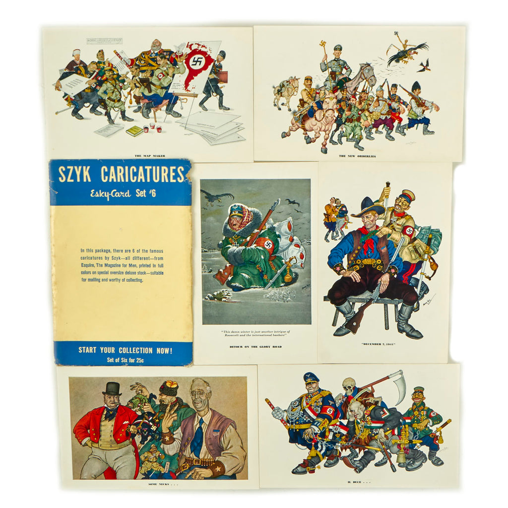 Original WWII Anti-Axis Political Cartoon Illustration Postcards By Polish Artist Arthur Szyk - Copyright 1942, Manufactured in the U.S. - Set of 6 With Original Envelope Original Items