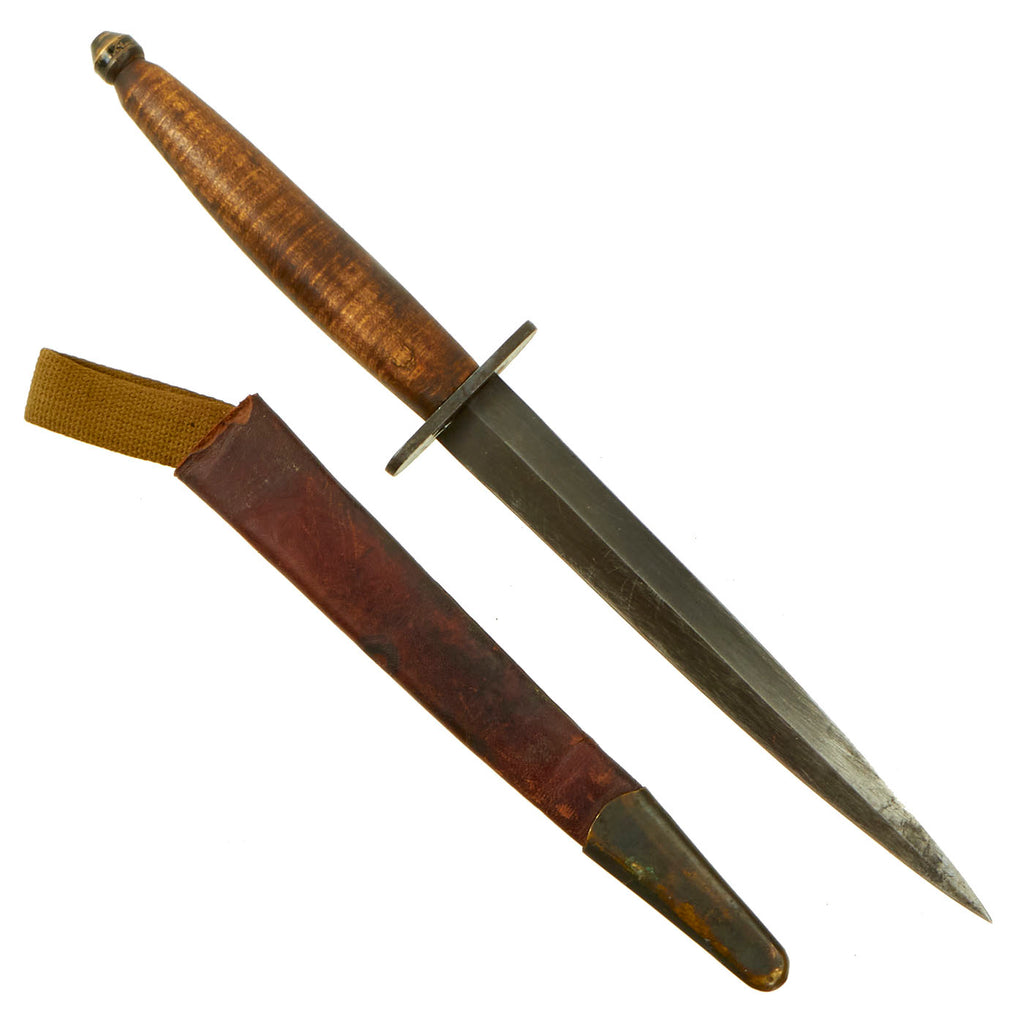 Original British WWII Custom 3rd Pattern Fairbairn Sykes Fighting Knife With Curly Maple Wood Handle and Leather Scabbard Original Items