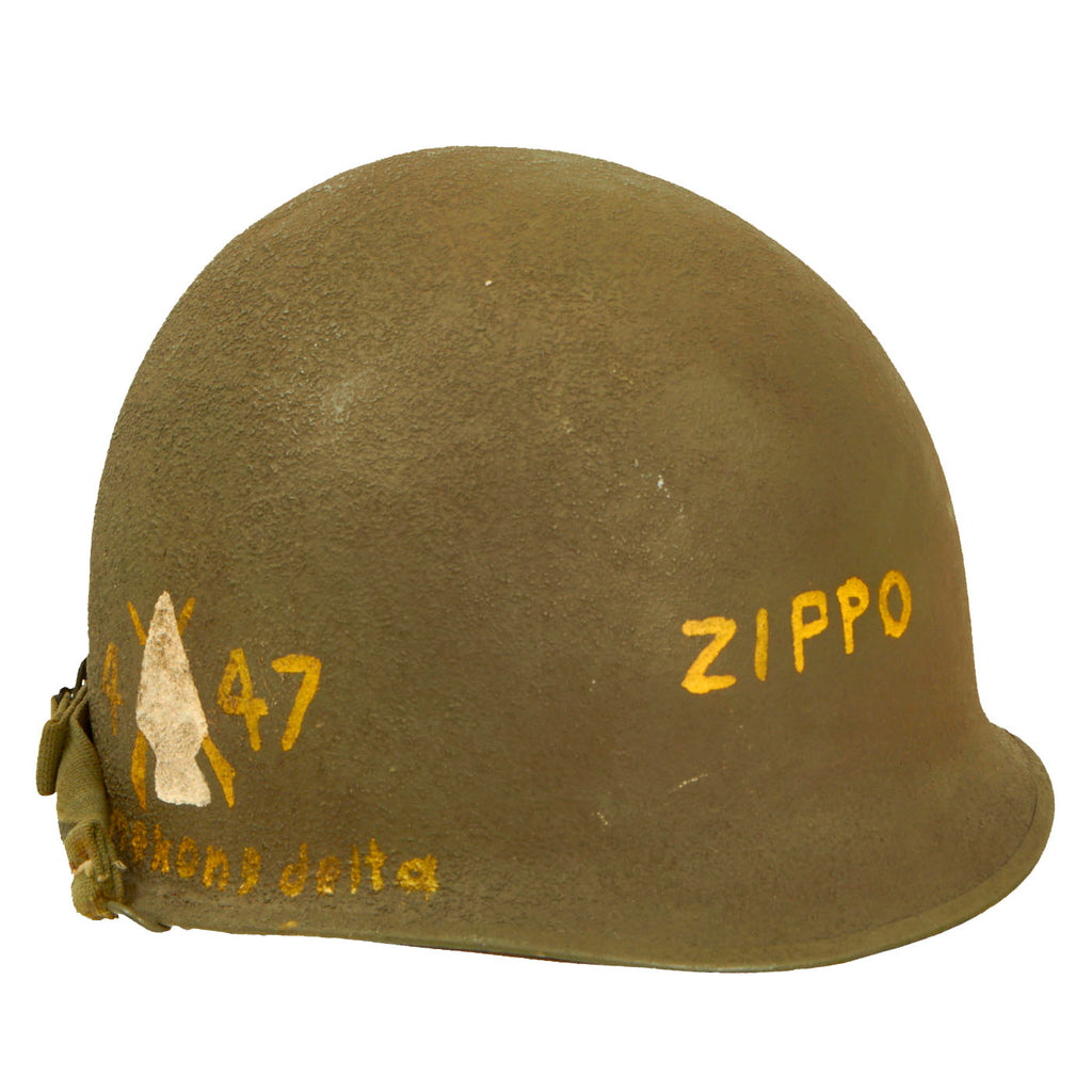 Original U.S. Vietnam War Named 13th River Assault Squadron Mobile Riverine Force Monitor “Zippo Boat”, 4th Battalion, 47th Infantry Regiment, 9th Infantry Division McCord M1 Helmet With Westinghouse Liner - Mekong Delta Mobile Afloat Force Original Items