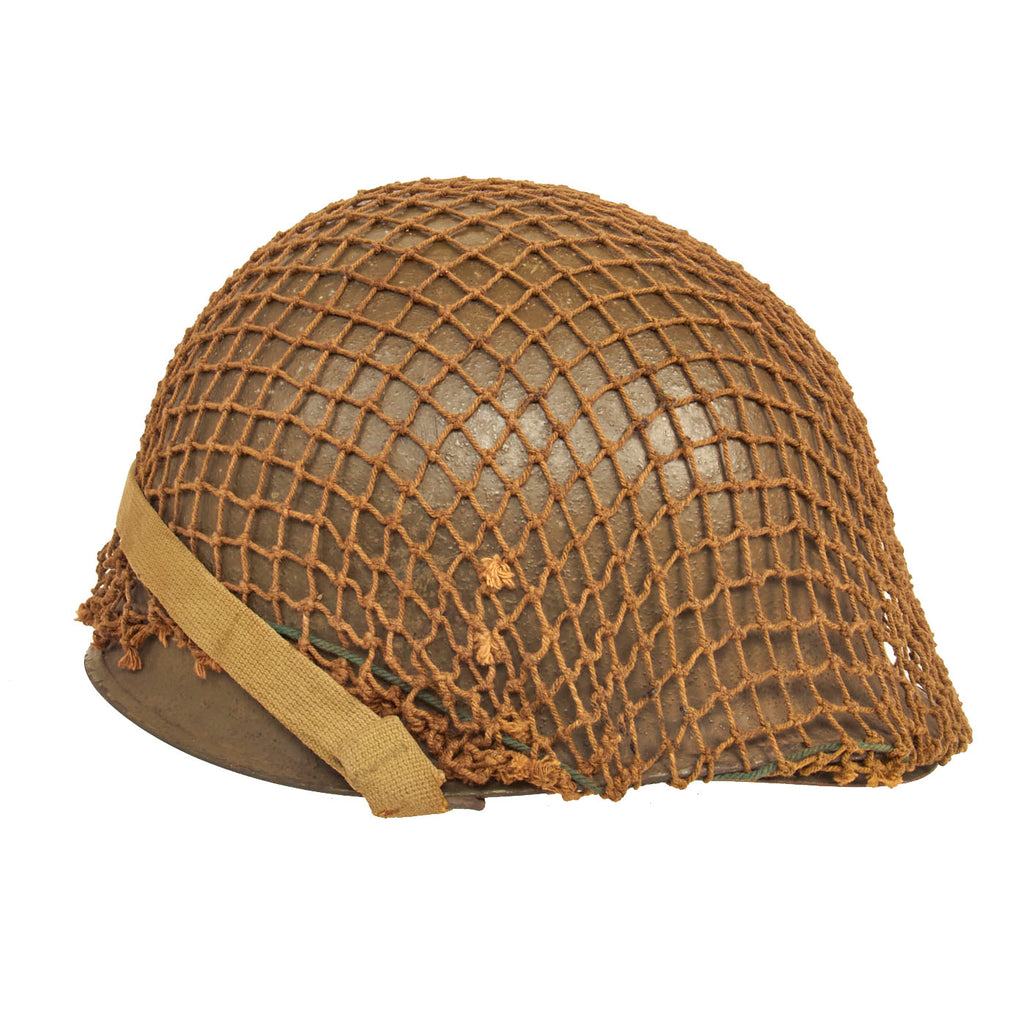 Original U.S. WWII 1945 M1 McCord Rear Seam Swivel Bale Helmet with Firestone Liner and Helmet Net Original Items