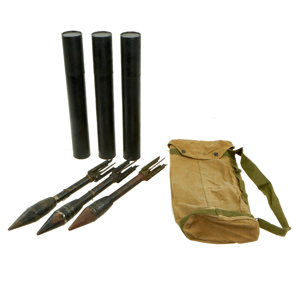 Original U.S. WWII Second Pattern M6 Bazooka Rocket Bag Dated 1944 With (3) Inert 2.36” Rockets in Tubes Original Items