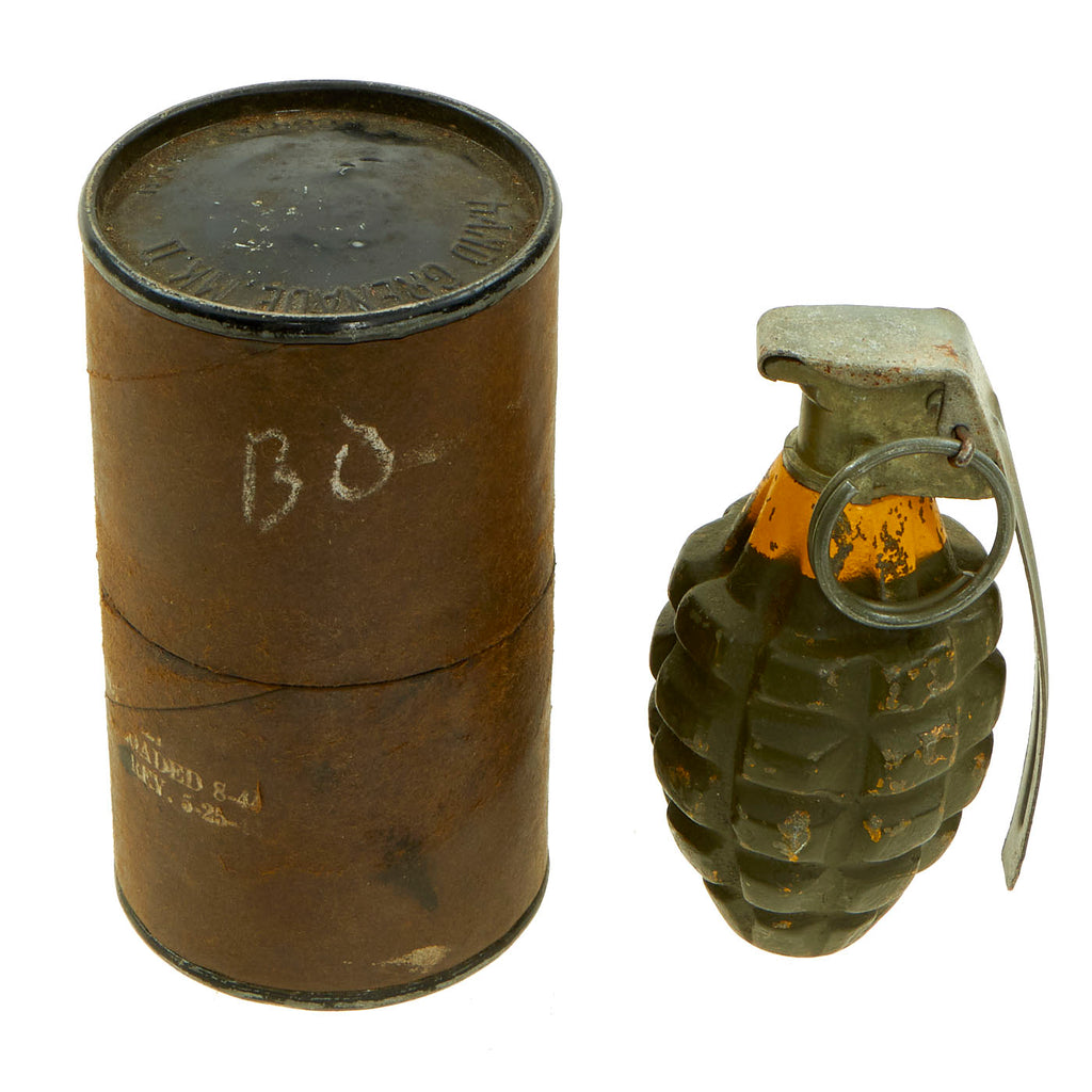 Original U.S. WWII Inert MkII Pineapple Grenade with Yellow Ring and M10A3 Fuze and Original Husk Original Items