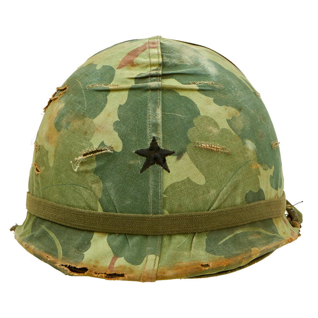 Original U.S. WWII Vietnam War Brigadier General’s M1 Helmet with 1968 Dated Mitchell Pattern Reversible Camouflage Cover and Elastic Band Original Items