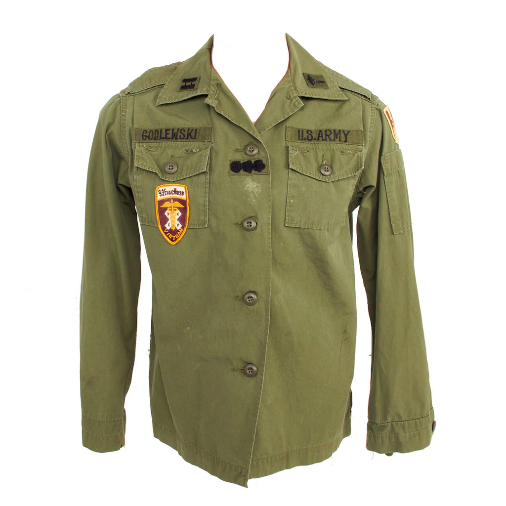 Original U.S. Vietnam Female Nurse’s Poplin Jungle Fatigue Shirt with 93rd Evacuation Hospital, 44th Medical Brigade Incountry-Made Insignia Original Items