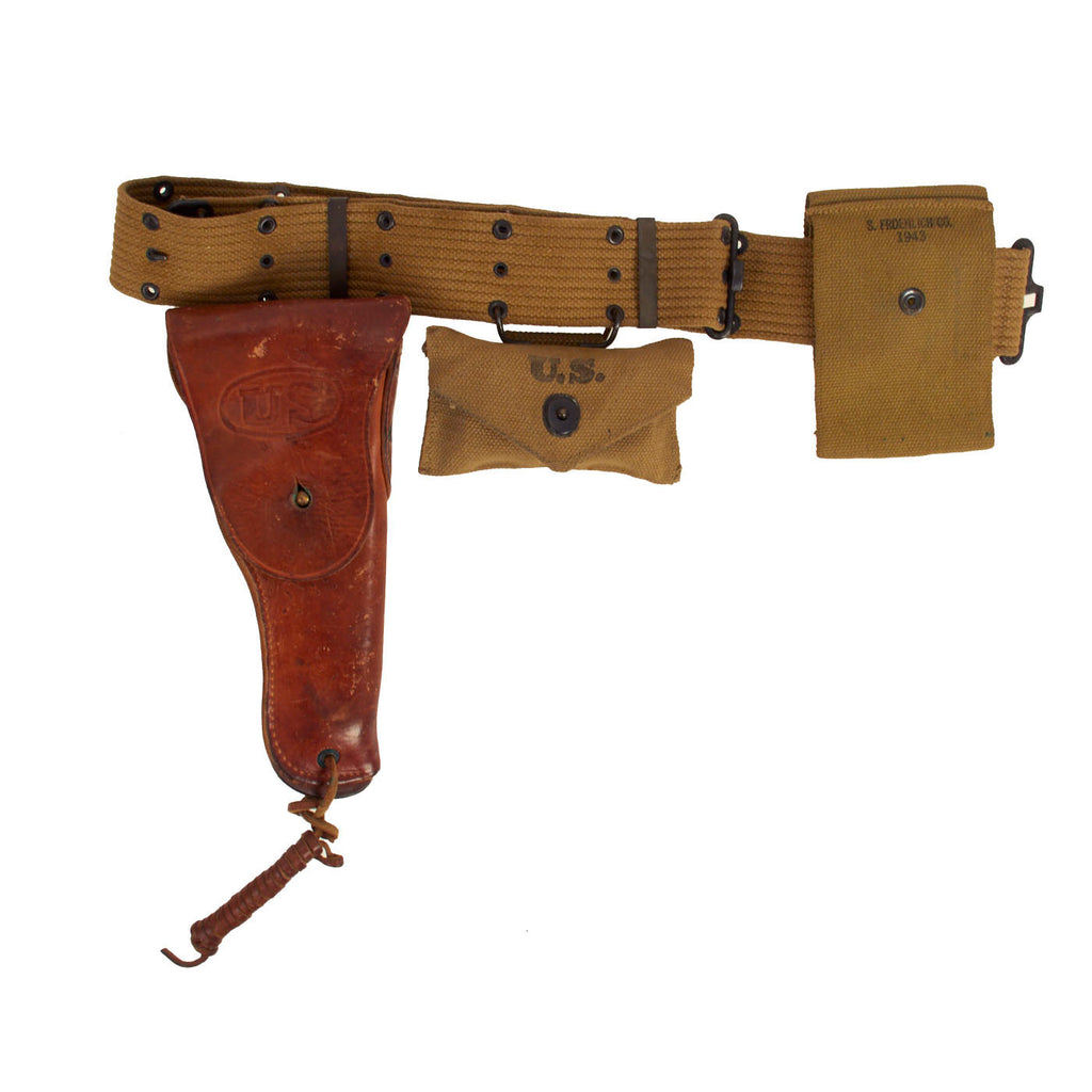 Original U.S. WWII Officer M1936 Pistol Belt, M1911 Holster, WWI Magazine Pouch & Carlisle First Aid Pouch WITH Bandage Original Items