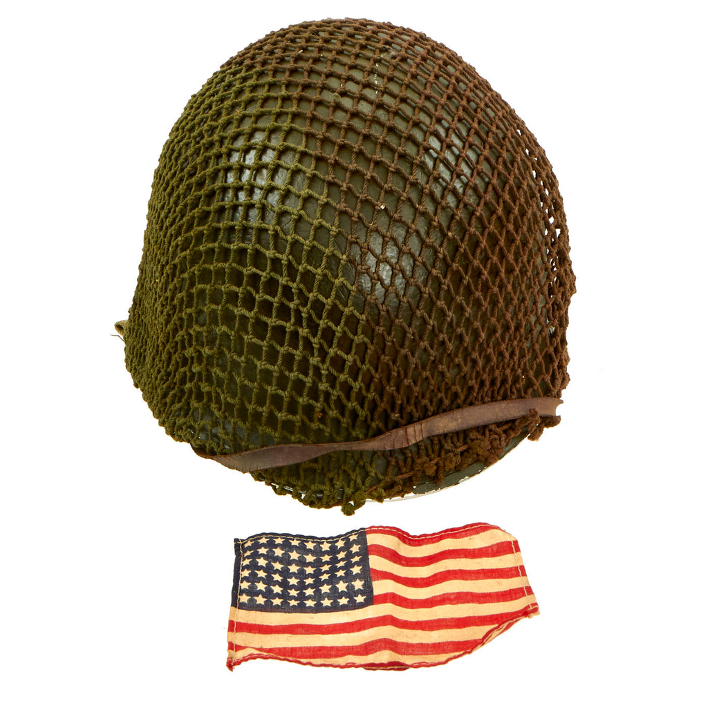 Original U.S. WWII Korean War Named M1 Schlueter Front Seam Helmet with Capac / Westinghouse Paratrooper Liner and British Helmet Net Original Items