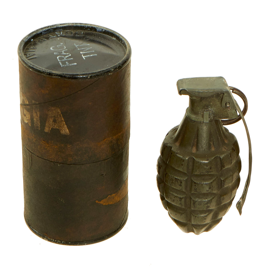 Original U.S. WWII Inert Early War MkII Pineapple Fragmentation Grenade With M10A3 Fuze and M41A1 Transportation Canister Original Items