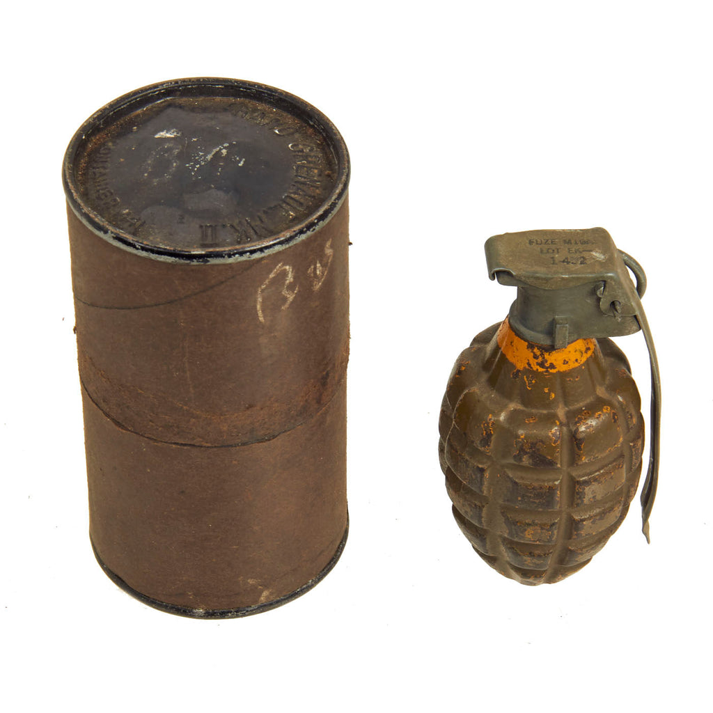 Original U.S. WWII Inert MkII Pineapple Grenade with Yellow Ring and M10A3 Fuze and Original Husk Original Items