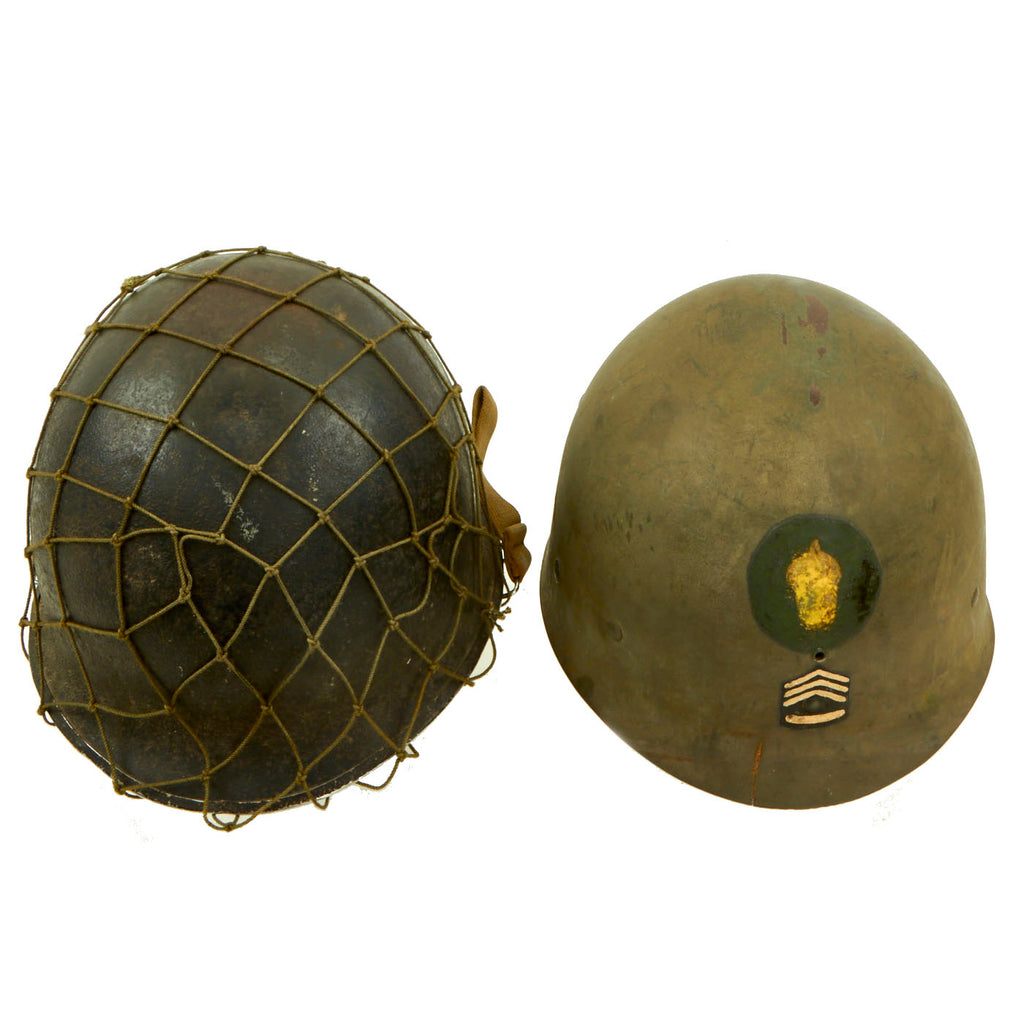 Original U.S. WWII 1944 M1 McCord Front Seam Swivel Bale Helmet with 87th Division Painted Firestone Liner and Helmet Net Original Items