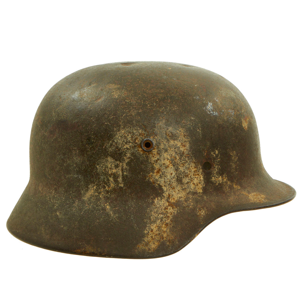 Original German WWII Heer Battle Damaged M40 Single Decal Helmet Shell With Sand Camouflage - EF64 Original Items