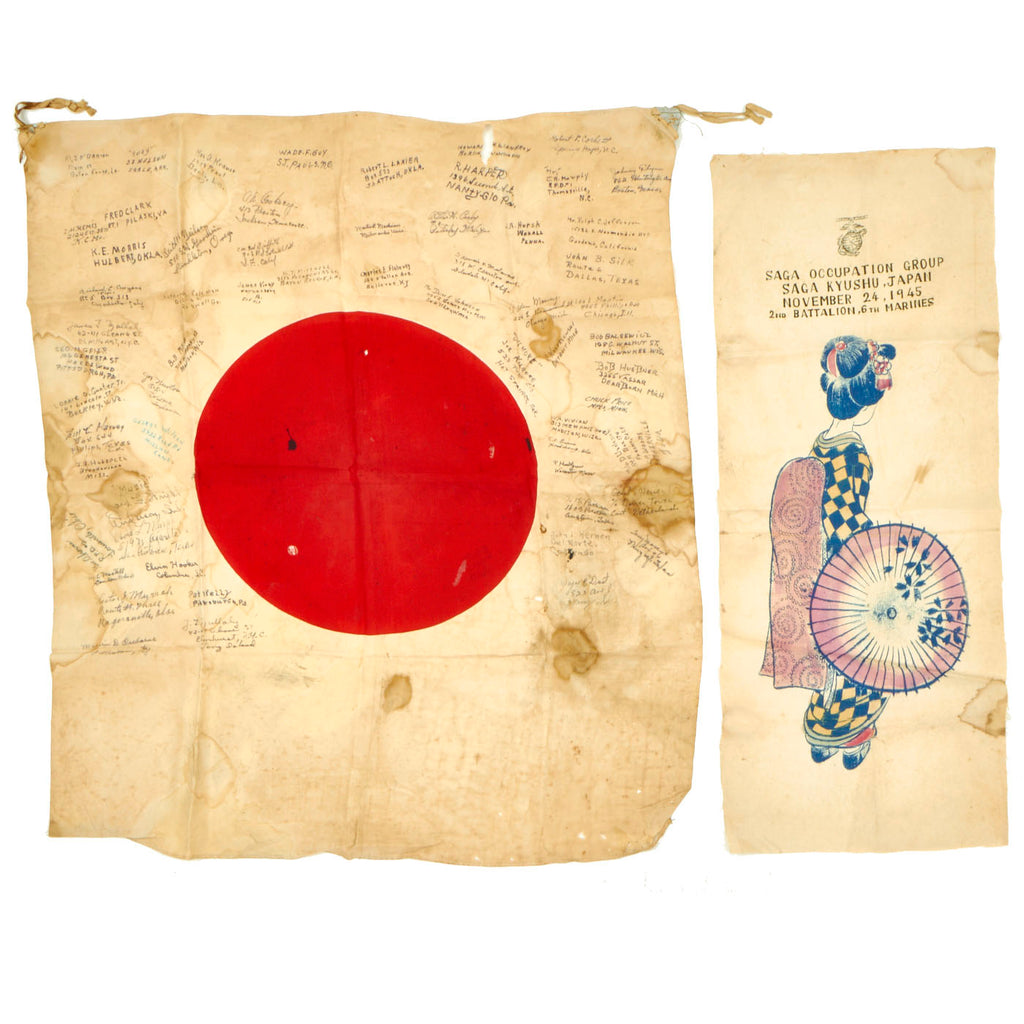 Original Japanese WWII Battle of Iwo Jima Captured 5th Marine Division Signed Flag - Signed by Silver Star Recipient Alfred O’Banion Who Witnessed Medal of Honor Recipient Lt. Jack Lummus’ Actions Original Items