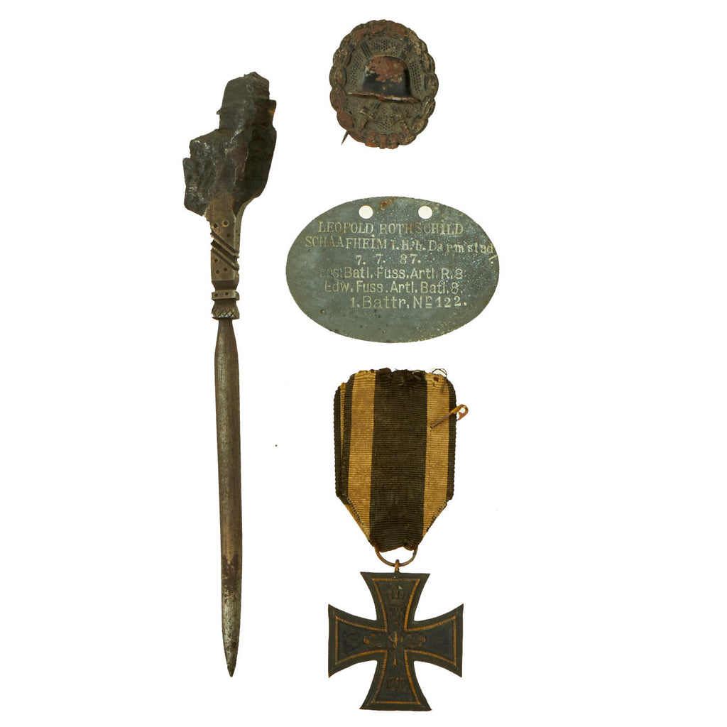Original Imperial German WWI Lot: Brass Iron Cross 1914, Black Wound Badge, Dogtag & Shrapnel Letter Opener - 4 Items Original Items