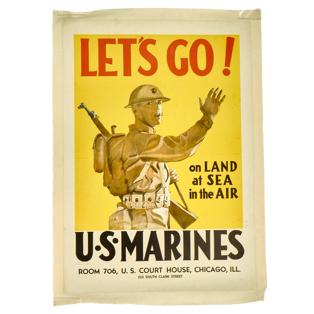 Original U.S. WWII US Marine Corps “Let’s Go” Linen Backed 1941 Recruitment Poster - 43” x 31” Original Items