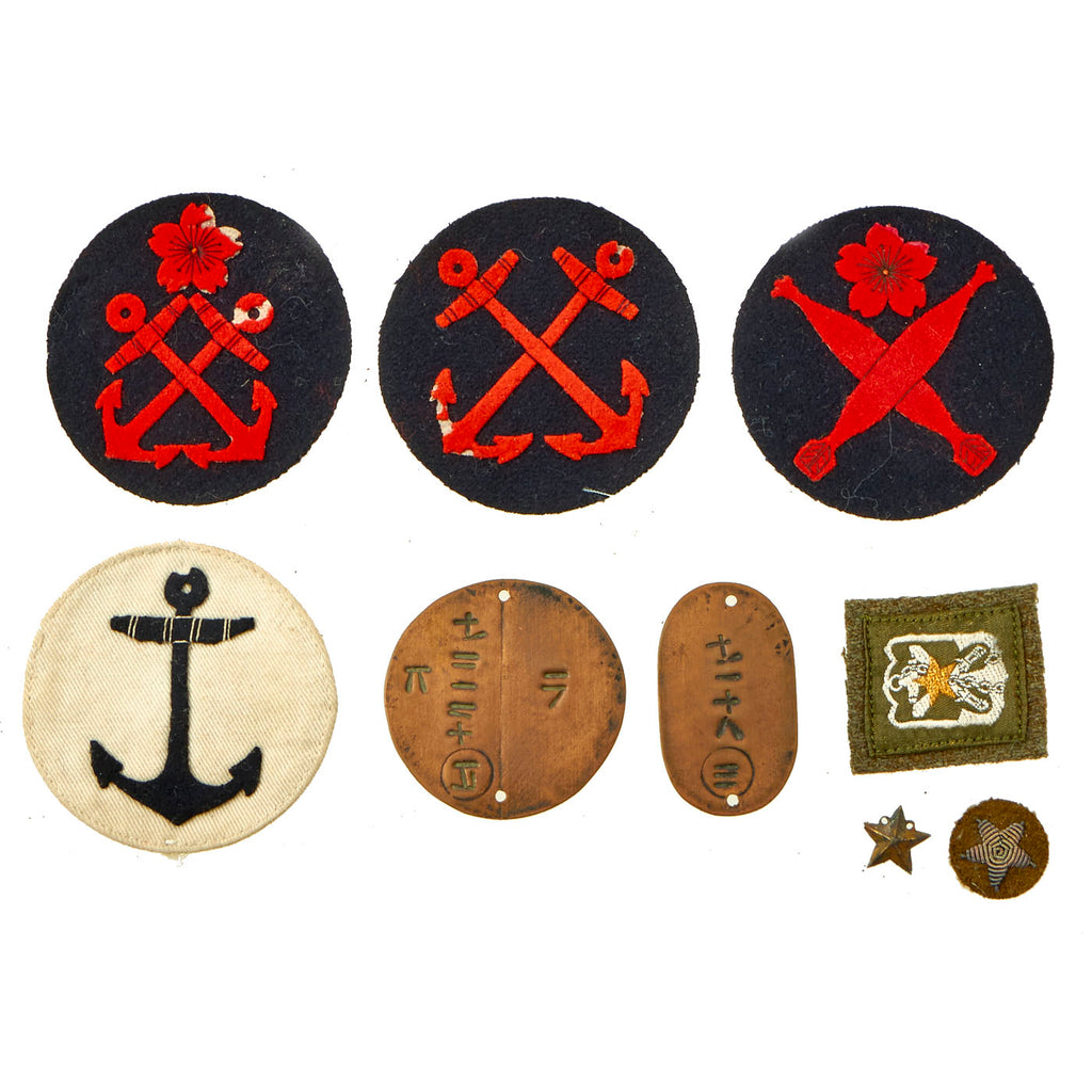 Original Japan WWII Imperial Japanese Navy Sleeve Rating Patches and Insignia Lot Featuring Dog Tags - 9 Items Original Items