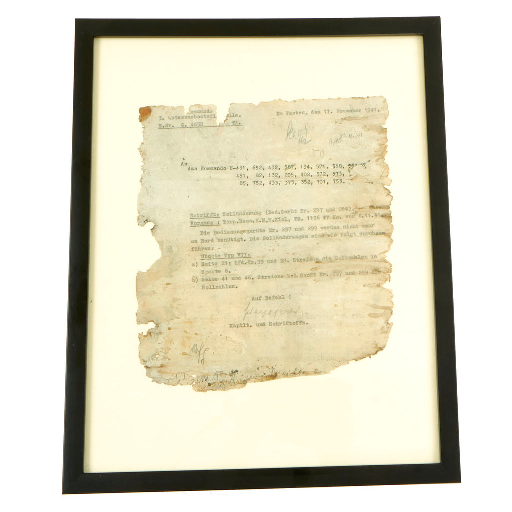 Original German WWII Framed 1941 Kriegsmarine U-Boat Document Salvaged From The Captain’s Cabin of U-352 Which Sunk of the Coast of North Carolina, USA - With Diver’s Testament Original Items