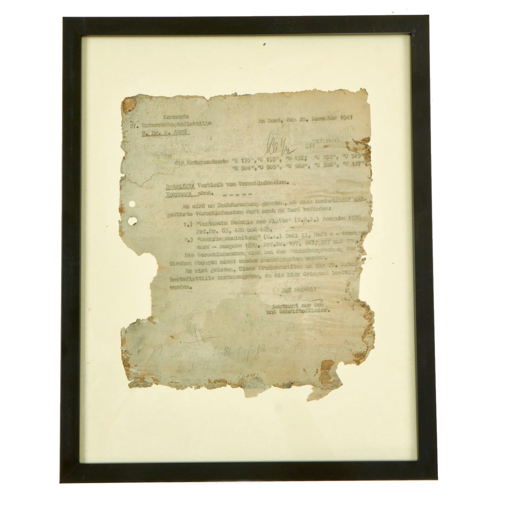 Original German WWII Framed 1941 Kriegsmarine U-Boat Document Salvaged From The Captain’s Cabin of U-352 Which Sunk of the Coast of North Carolina, USA - With Diver’s Testament Original Items