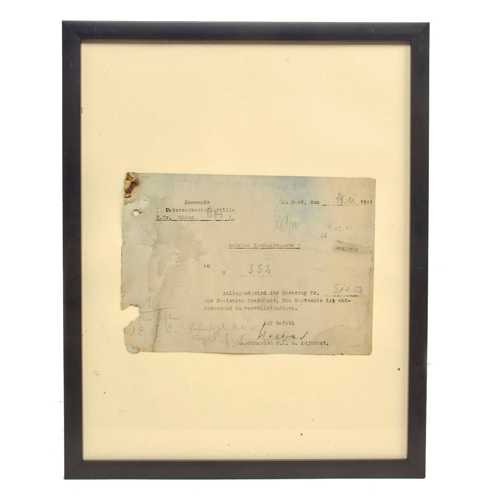 Original German WWII Framed November 1941 Kriegsmarine U-Boat Document Salvaged From The Captain’s Cabin of U-352 Which Sunk of the Coast of North Carolina, USA - With Diver’s Testament Original Items