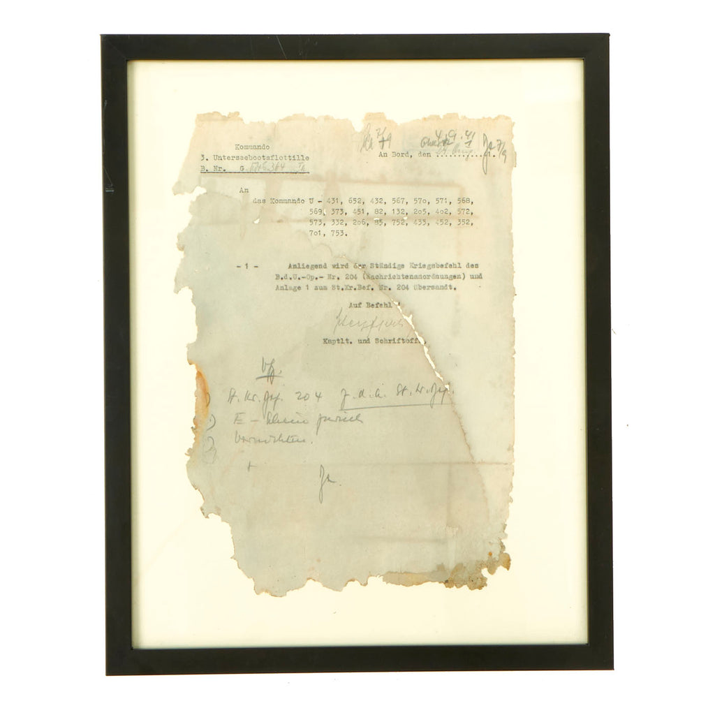Original German WWII Framed August 1941 Kriegsmarine U-Boat Document Salvaged From The Captain’s Cabin of U-352 Which Sunk of the Coast of North Carolina, USA - With Diver’s Testament Original Items