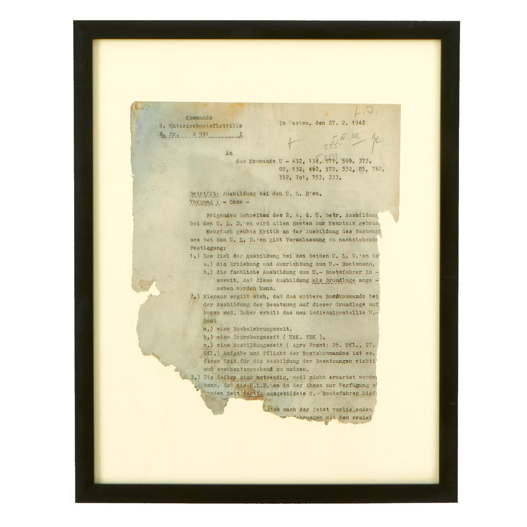 Original German WWII Framed 1942 Kriegsmarine U-Boat Document Salvaged From The Captain’s Cabin of U-352 Which Sunk of the Coast of North Carolina, USA - With Diver’s Testament Original Items