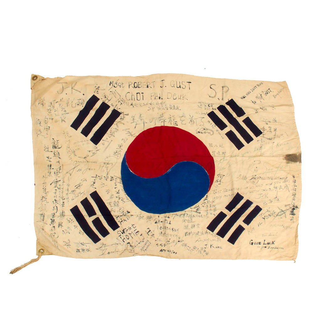 Original U.S. Korean War Era South Korean Taegukgi Flag with Numerous Korean Signatures - Master Sergeant Robert J. Gust Souvenir Flag Original Items