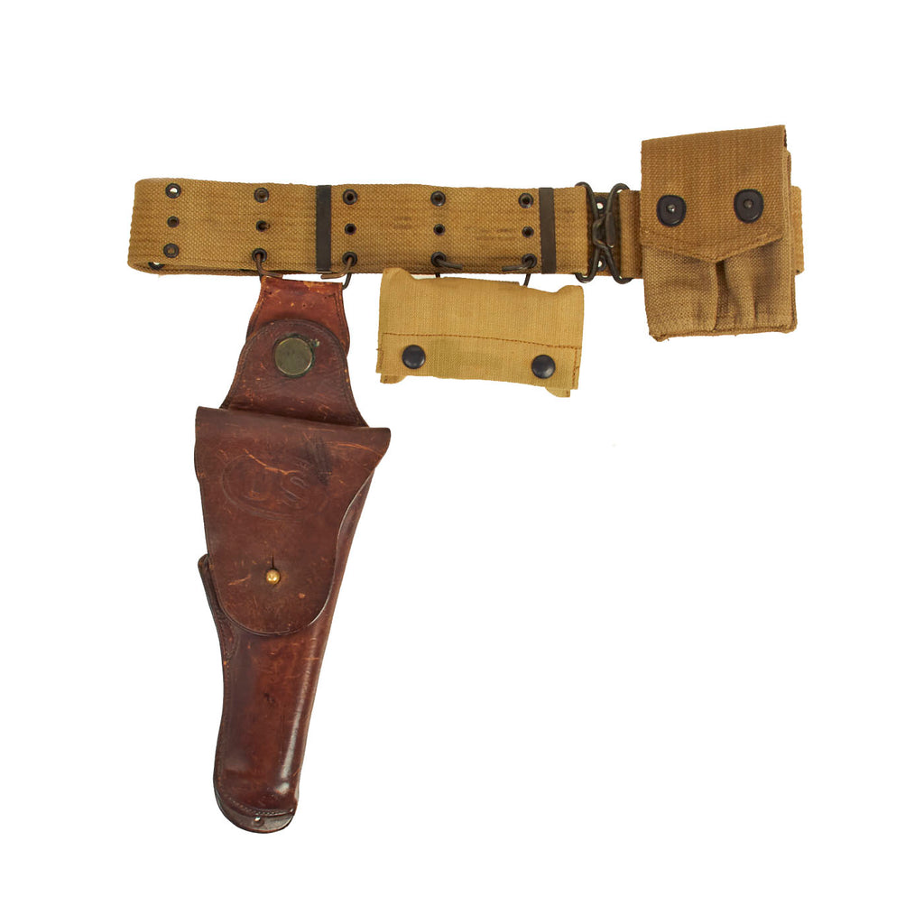 Original U.S. WWI M-1912 Mounted Swivel Holster for 1911 .45 Automatic with M-1910 Pistol Belt, M-1910 First Aid Pouch WITH Bandage and WWI Magazine Pouch Original Items